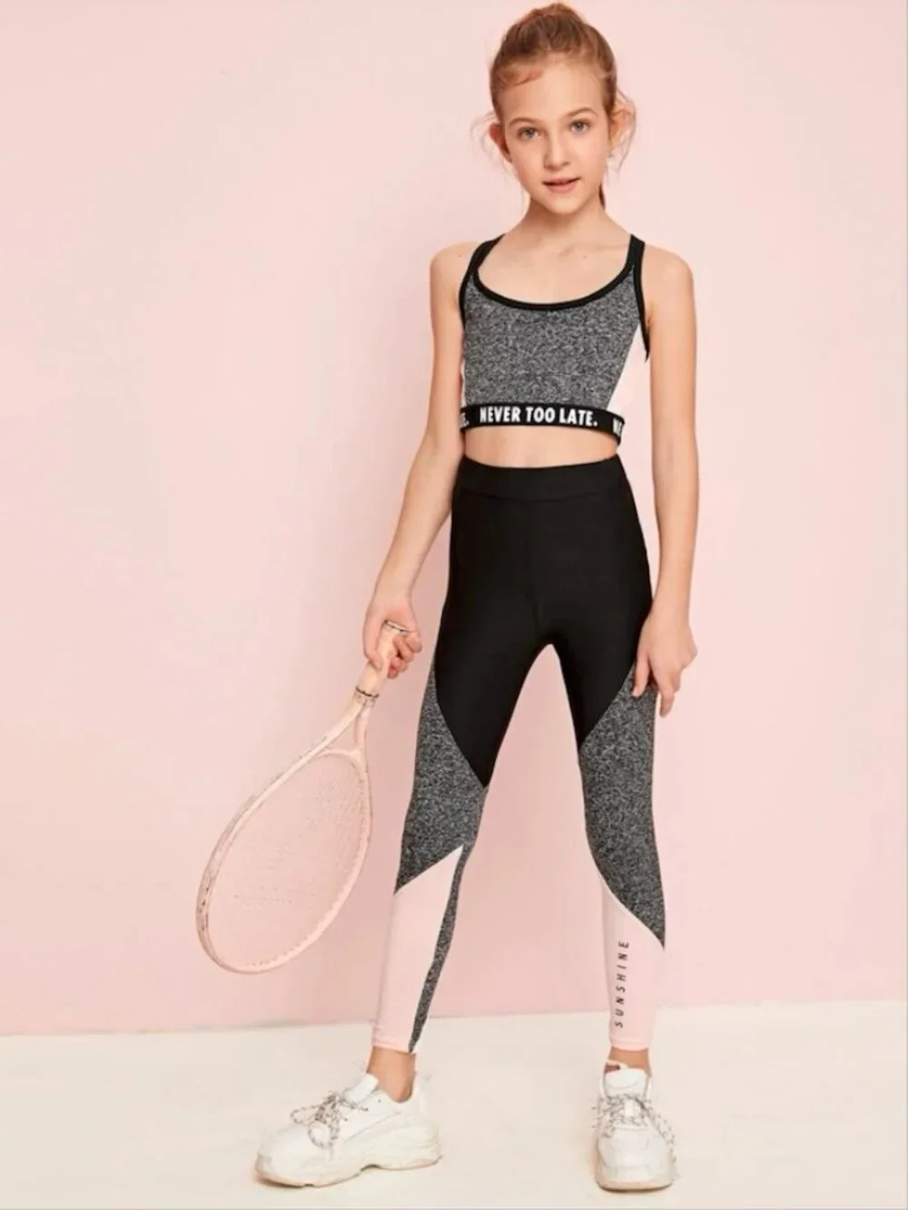 Girl Slogan Tape Detail Marled Panel Top & Leggings Set 7